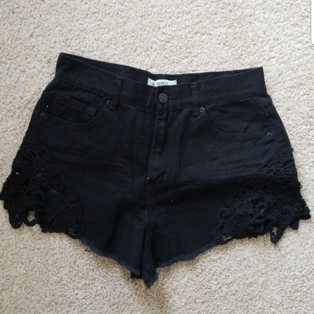 High waisted lace black denim shorts